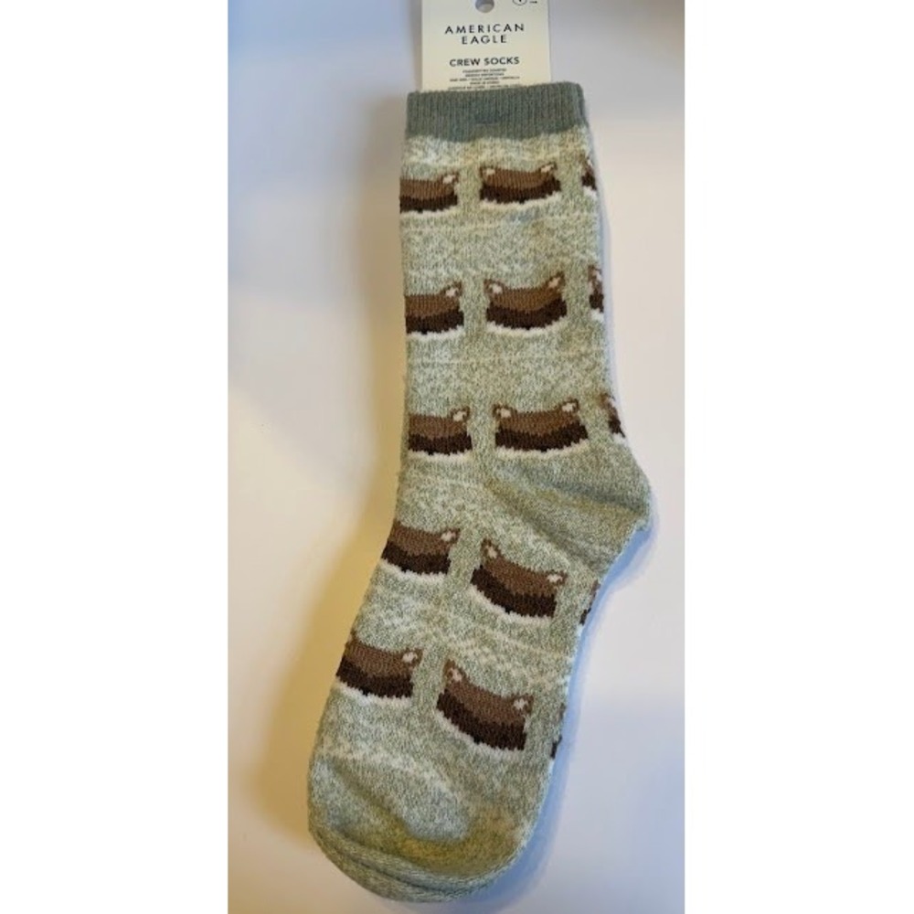 American Eagle Crew Socks Heather Green Raccoon Pattern Knit Casual One Size